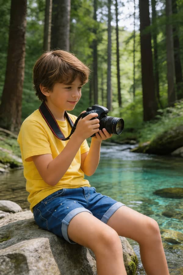 Boy sitting by river