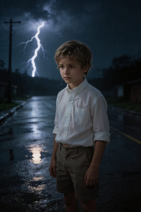 Boy in rain and lightning