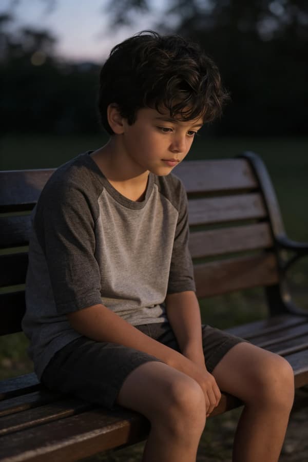 Boy sitting on dark bench