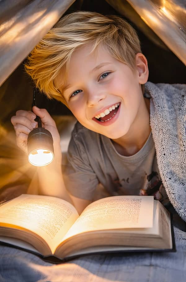 Boy reading with flashlight