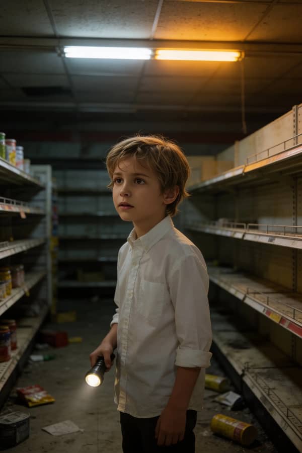 Boy with flashlight in abandoned store