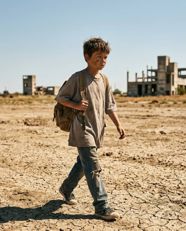 Boy walking in wasteland