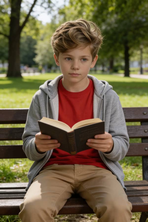 Boy reading on bench