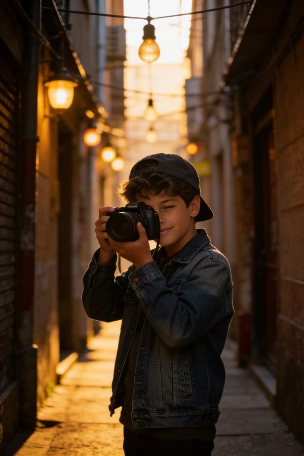 Boy standing in narrow alley