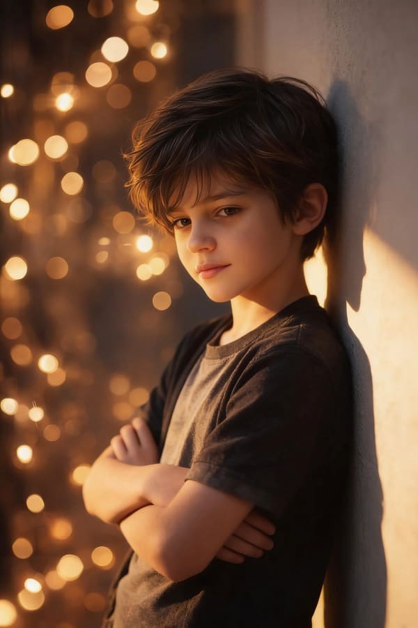 Boy with string lights