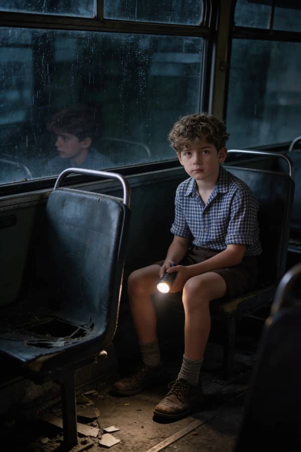 Boy sitting on dark bus