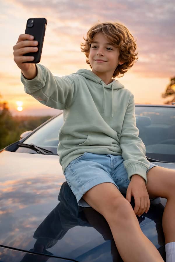 Boy taking selfie by car