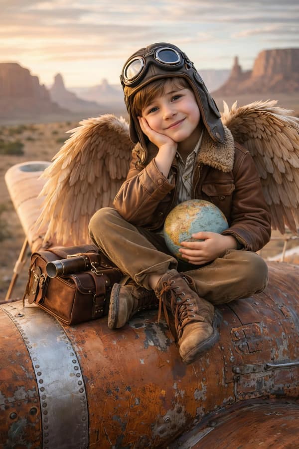 Boy in desert with binoculars
