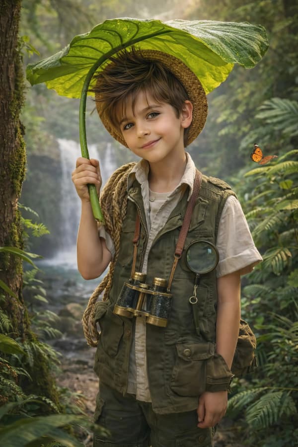 Boy with leaf umbrella