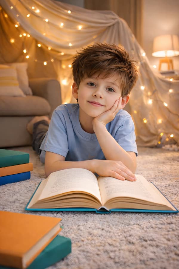 Boy reading book on floor