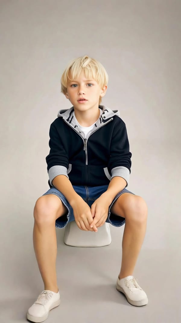 Boy sitting on white stool