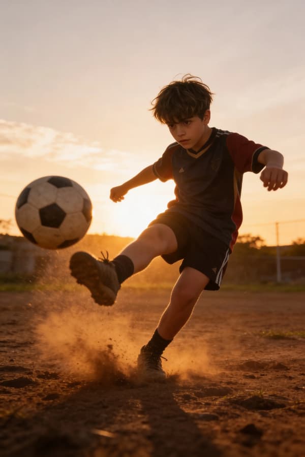 Boy kicking soccer ball at sunset