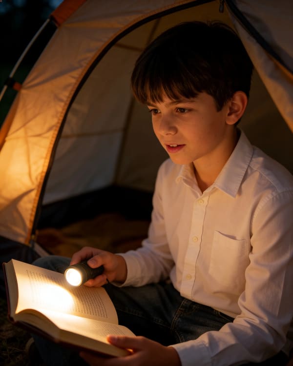 Boy reading in tent