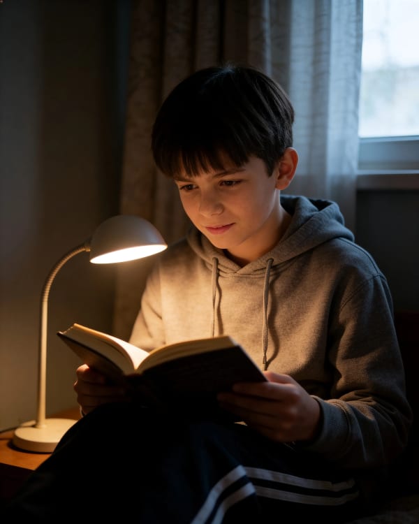 Boy reading by lamp