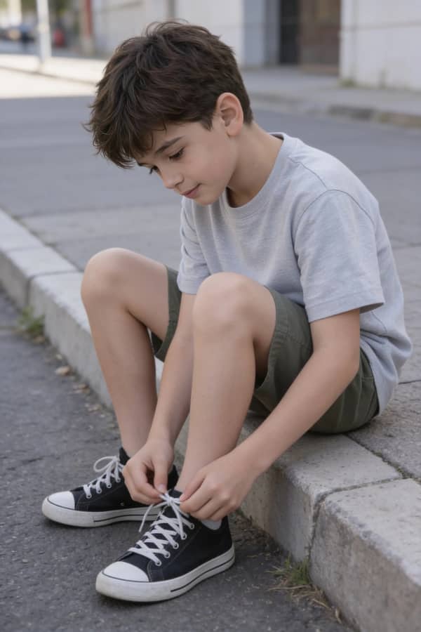 Boy tying shoe on curb