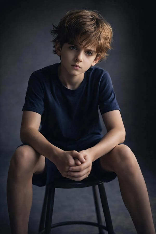 Boy sitting in dark studio