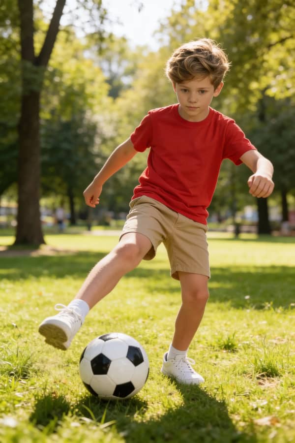 Boy playing soccer in park