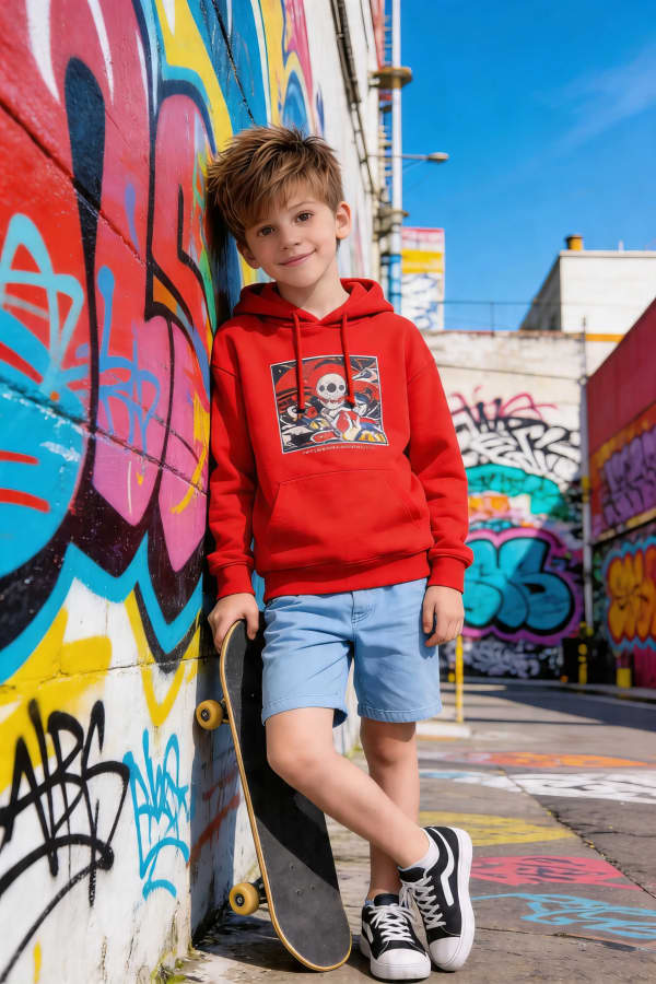 Boy standing by graffiti