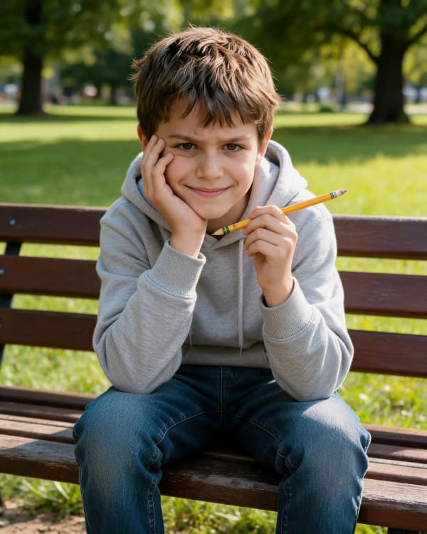 Boy resting chin on bench