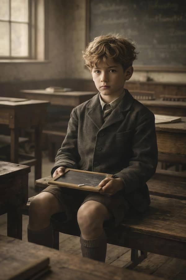 Boy writing on chalkboard