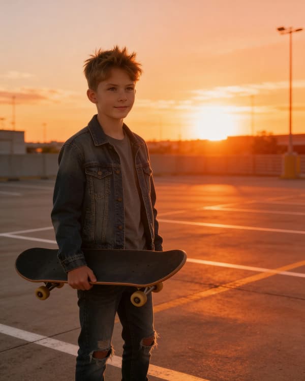 Boy with skateboard at sunset