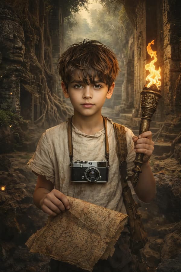 Boy sitting in woods