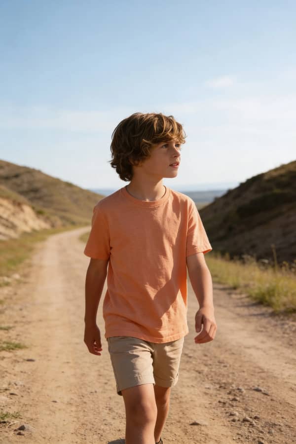 Boy walking on dirt path