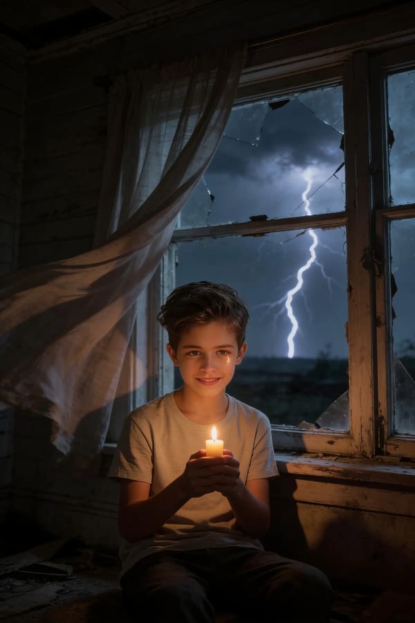 Boy with candle in storm