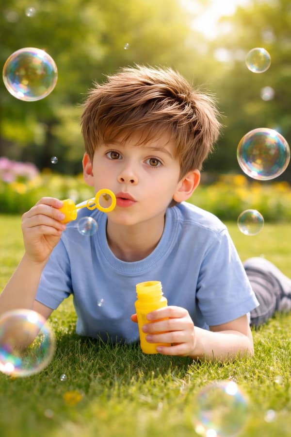 Boy blowing bubbles outdoors