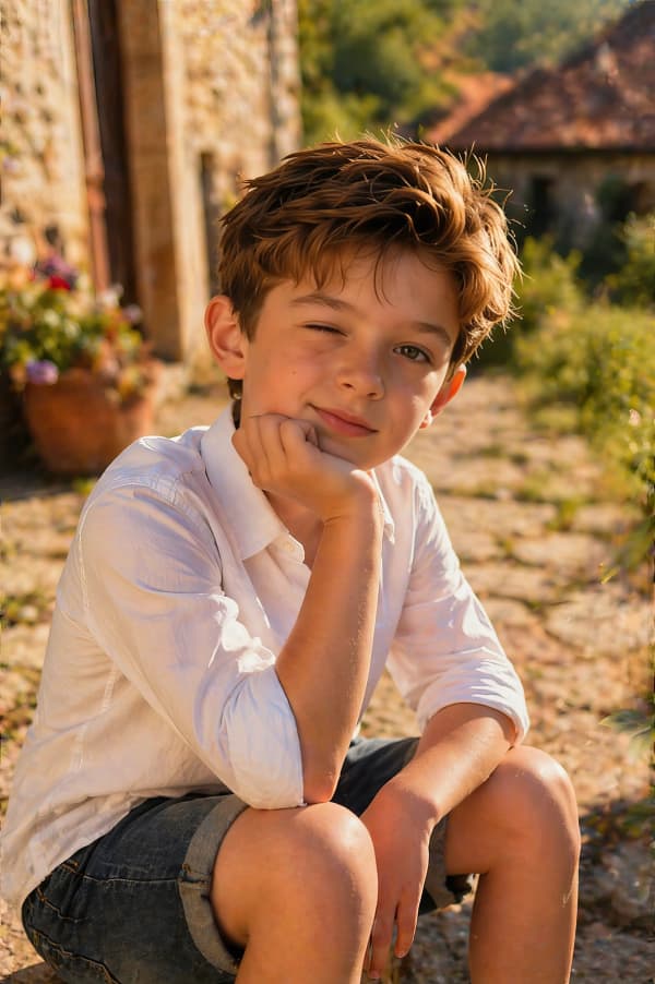 Boy sitting on village steps