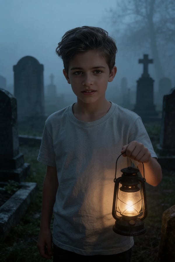 Boy with lantern in cemetery