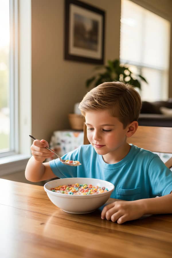Boy eating at table