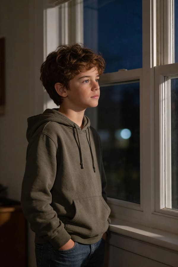 Boy looking out night window