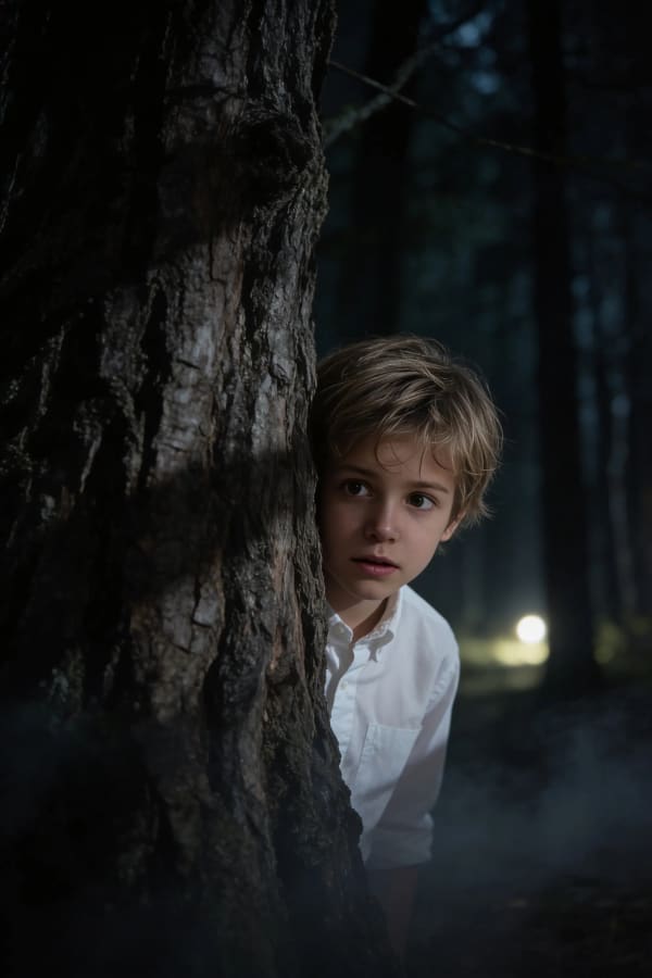 Boy hiding behind tree