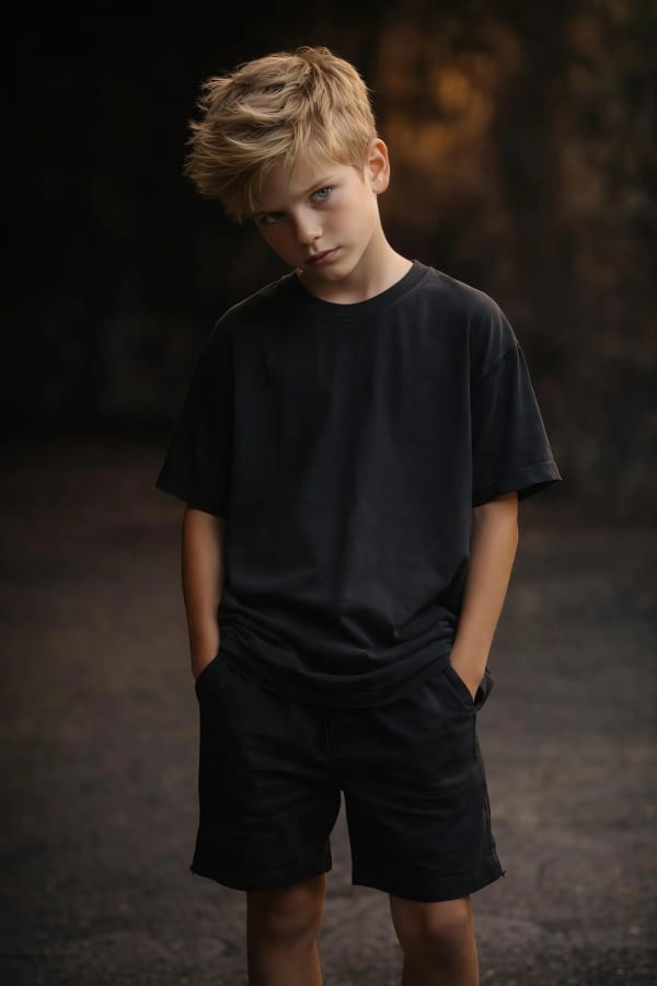 Boy in black t-shirt looking down