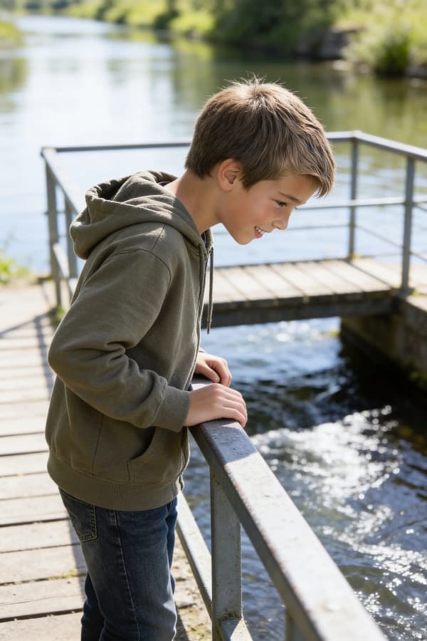 Boy leaning on railing by water