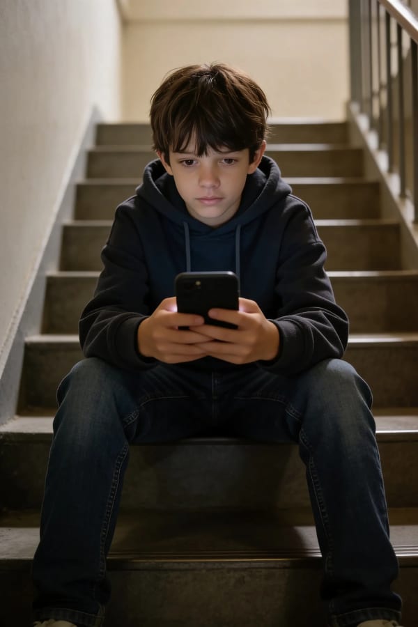 Boy on phone on stairs