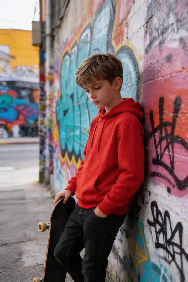 Boy leaning on graffiti wall