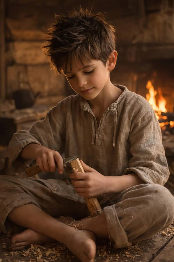 Boy reading near fire