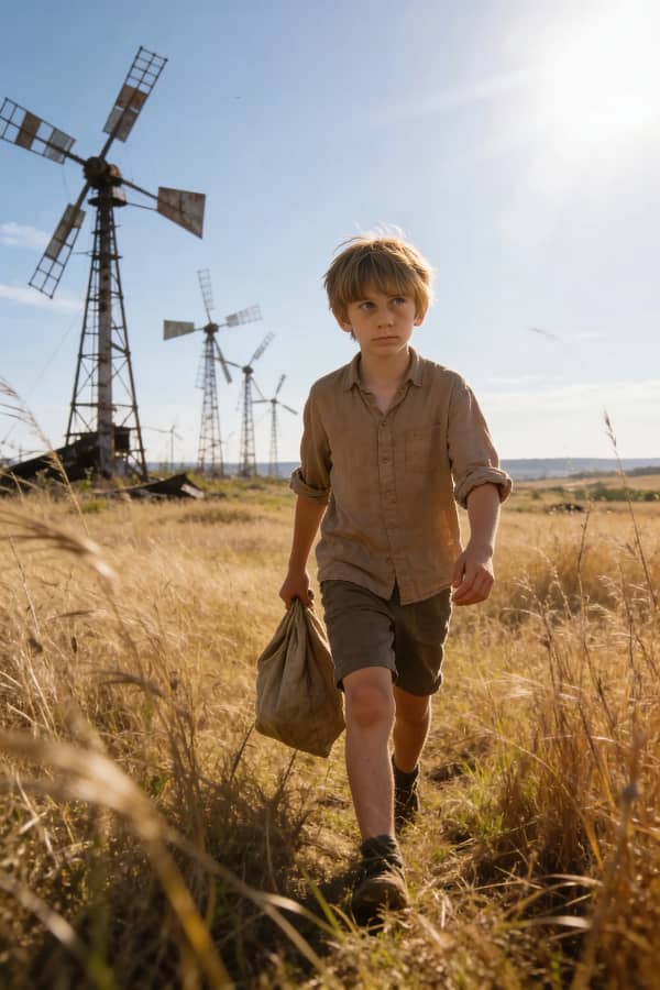 Boy walking near windmill