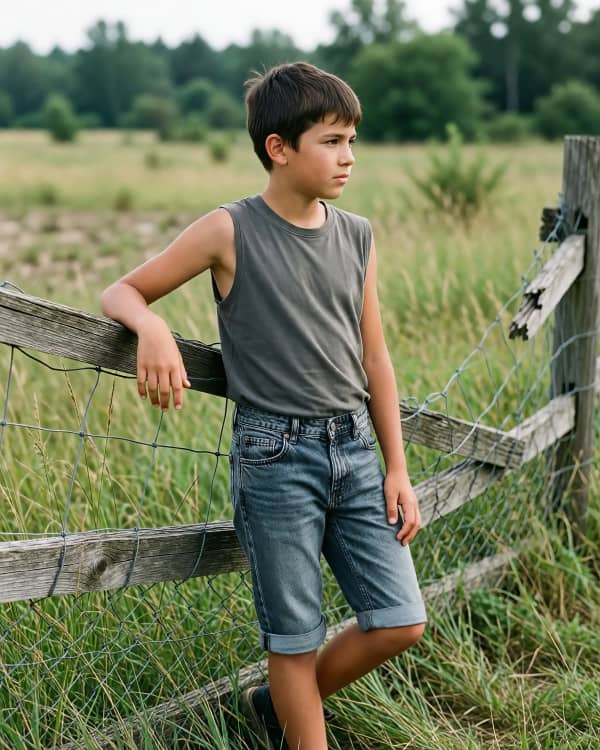 Boy leaning on fence