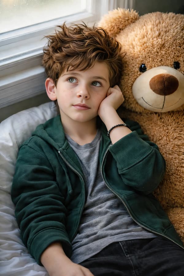 Boy resting on teddy bear