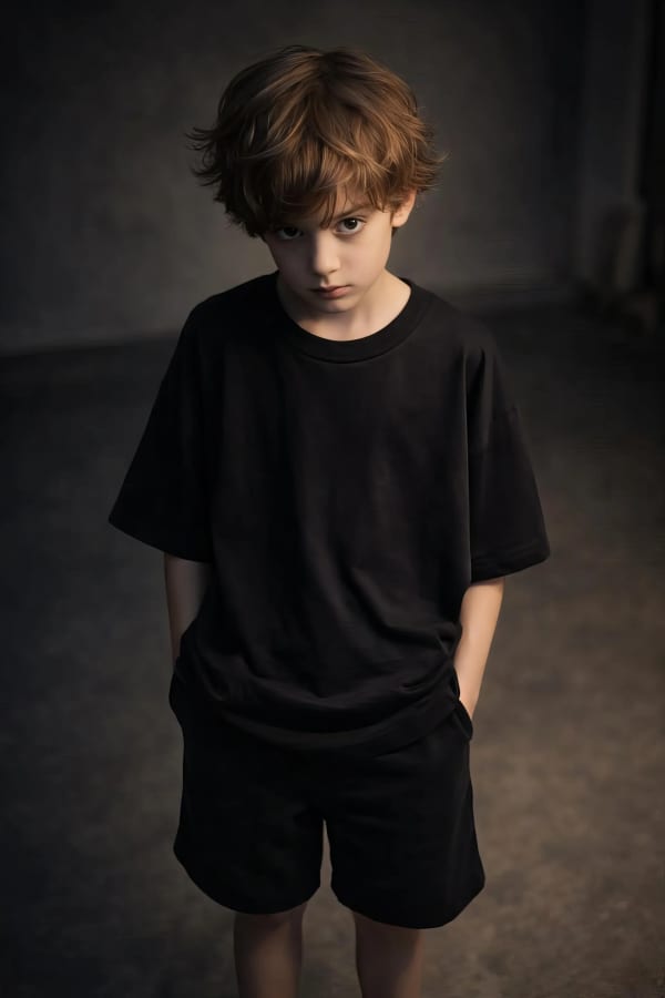 Boy in black t-shirt standing
