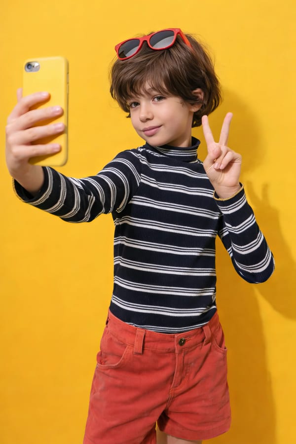 Boy taking selfie on yellow background