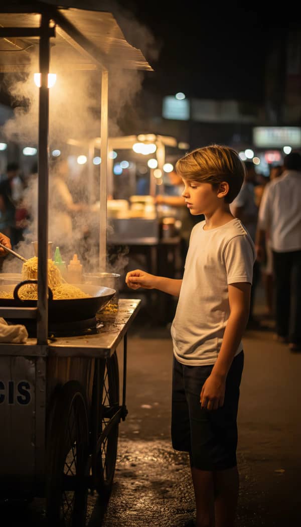 Boy at night food stall