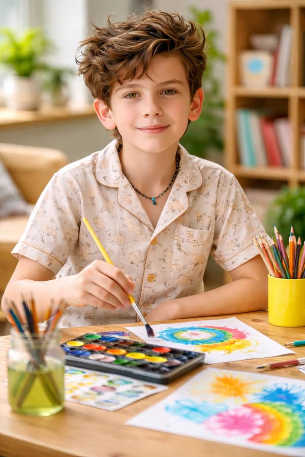 Boy painting with watercolours