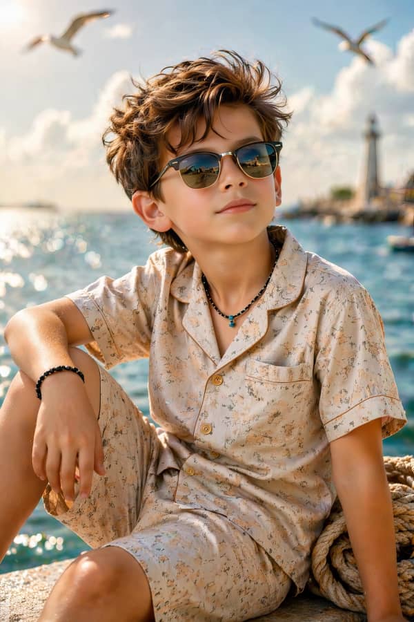 Boy sitting by water with sunglasses