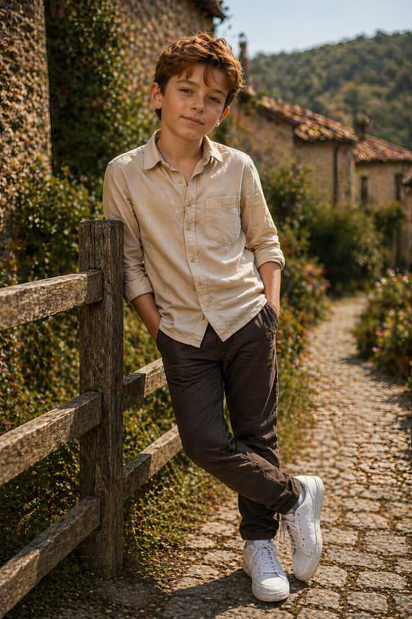 Boy leaning on fence