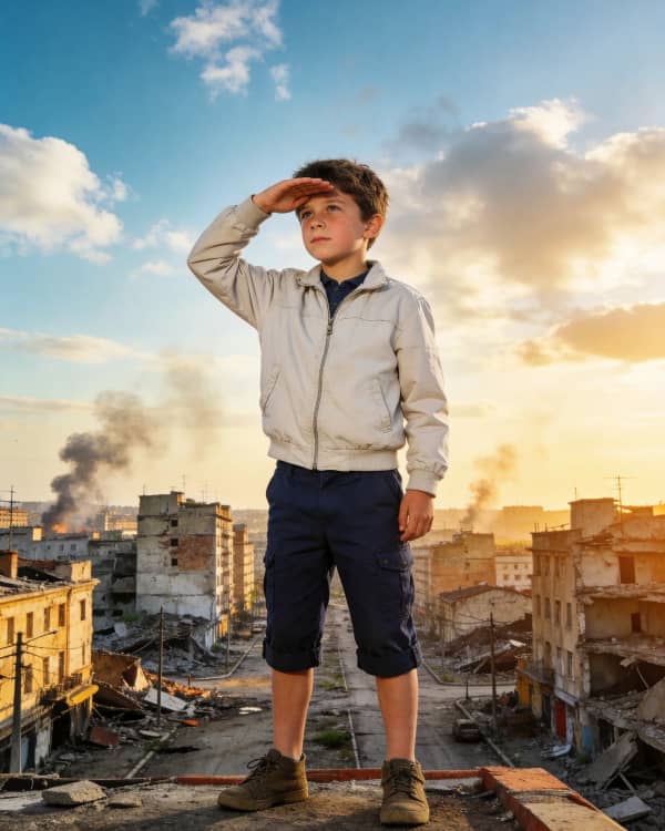 Boy standing in rubble