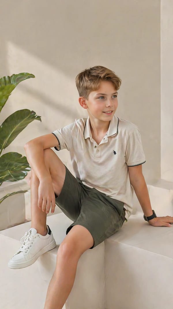Boy sitting on white blocks